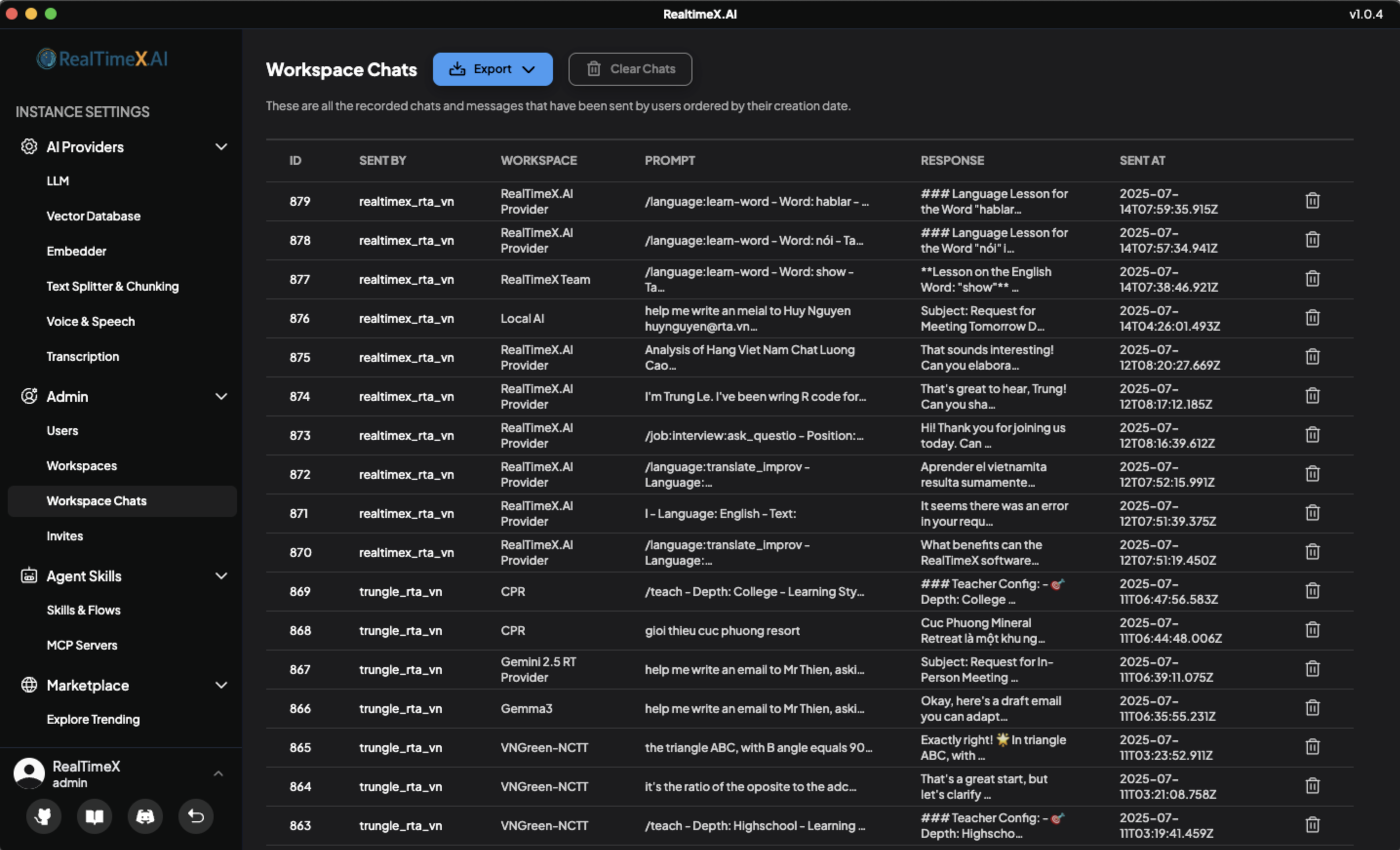 RealTimeX Workspace Chat Logs