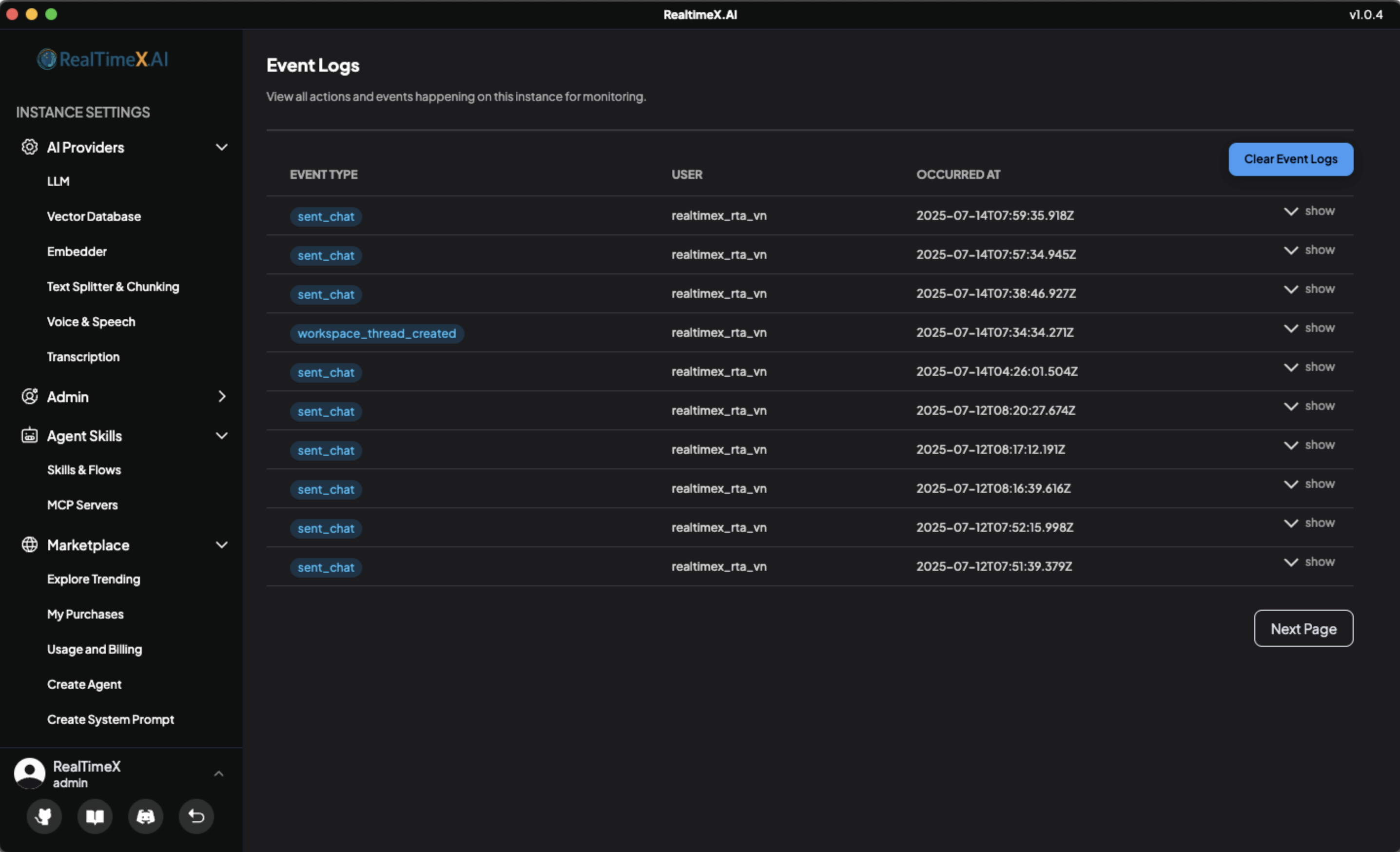 RealTimeX Event Logs