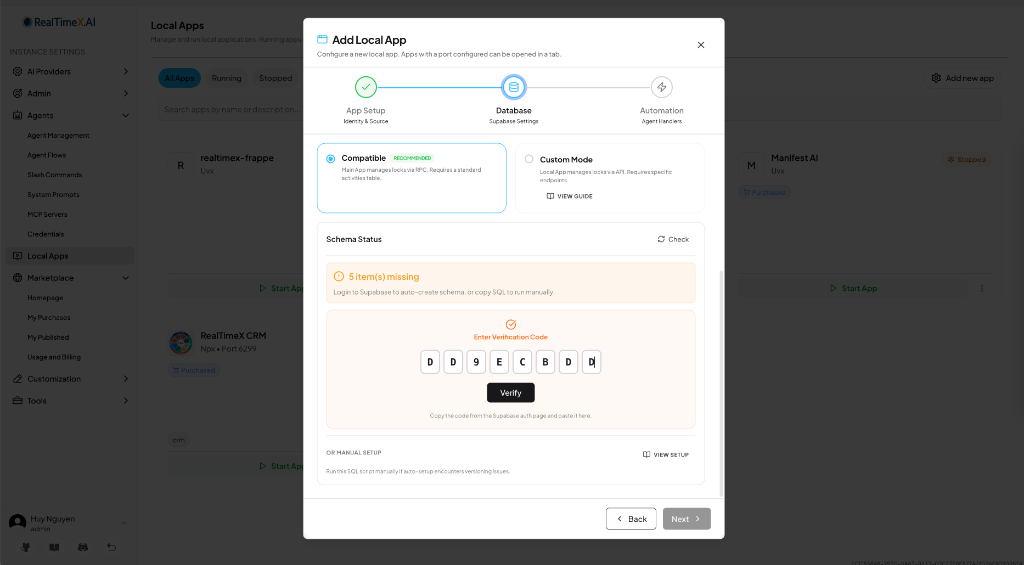 Enter verification code in RealTimeX