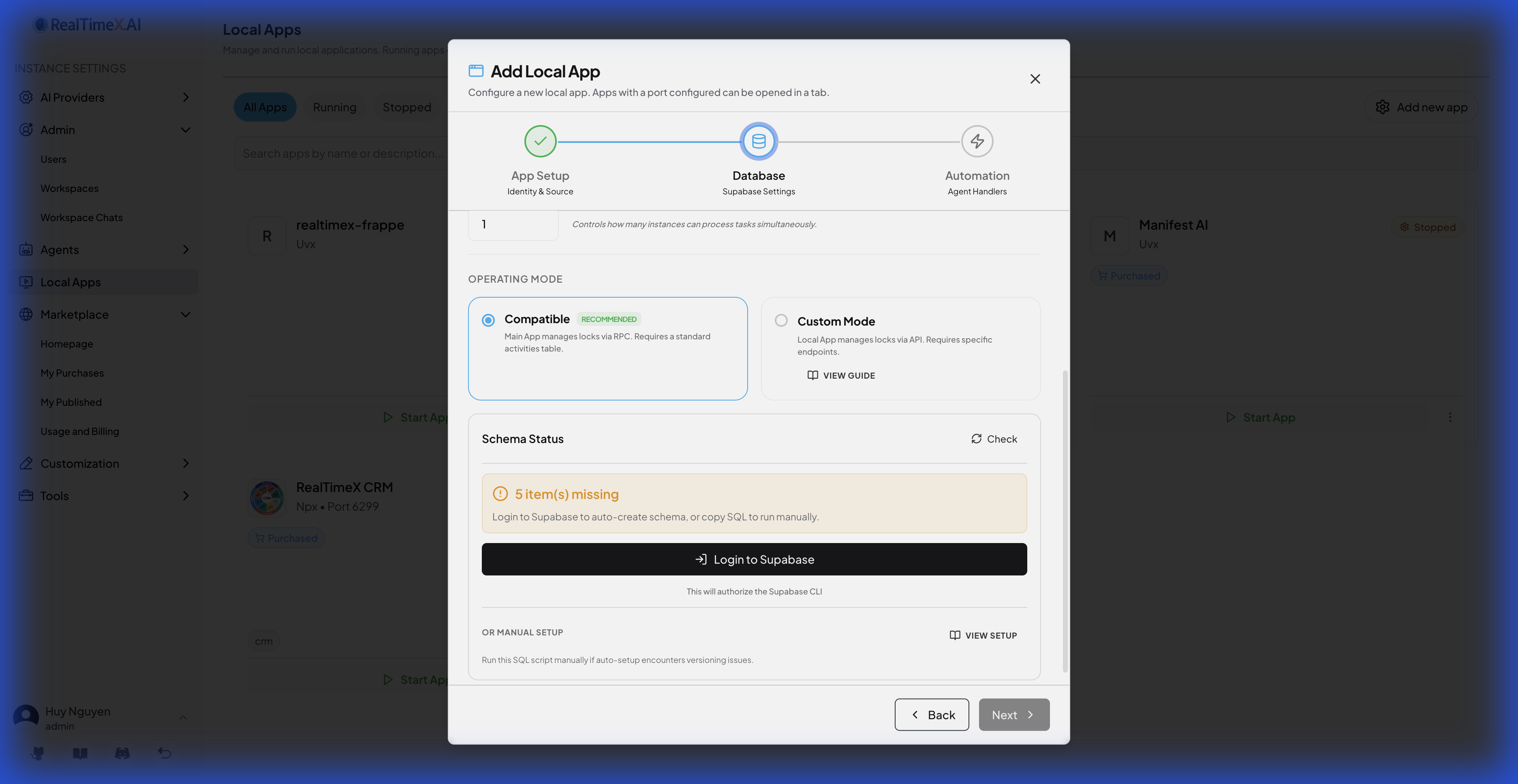 Schema status showing missing items with Login button
