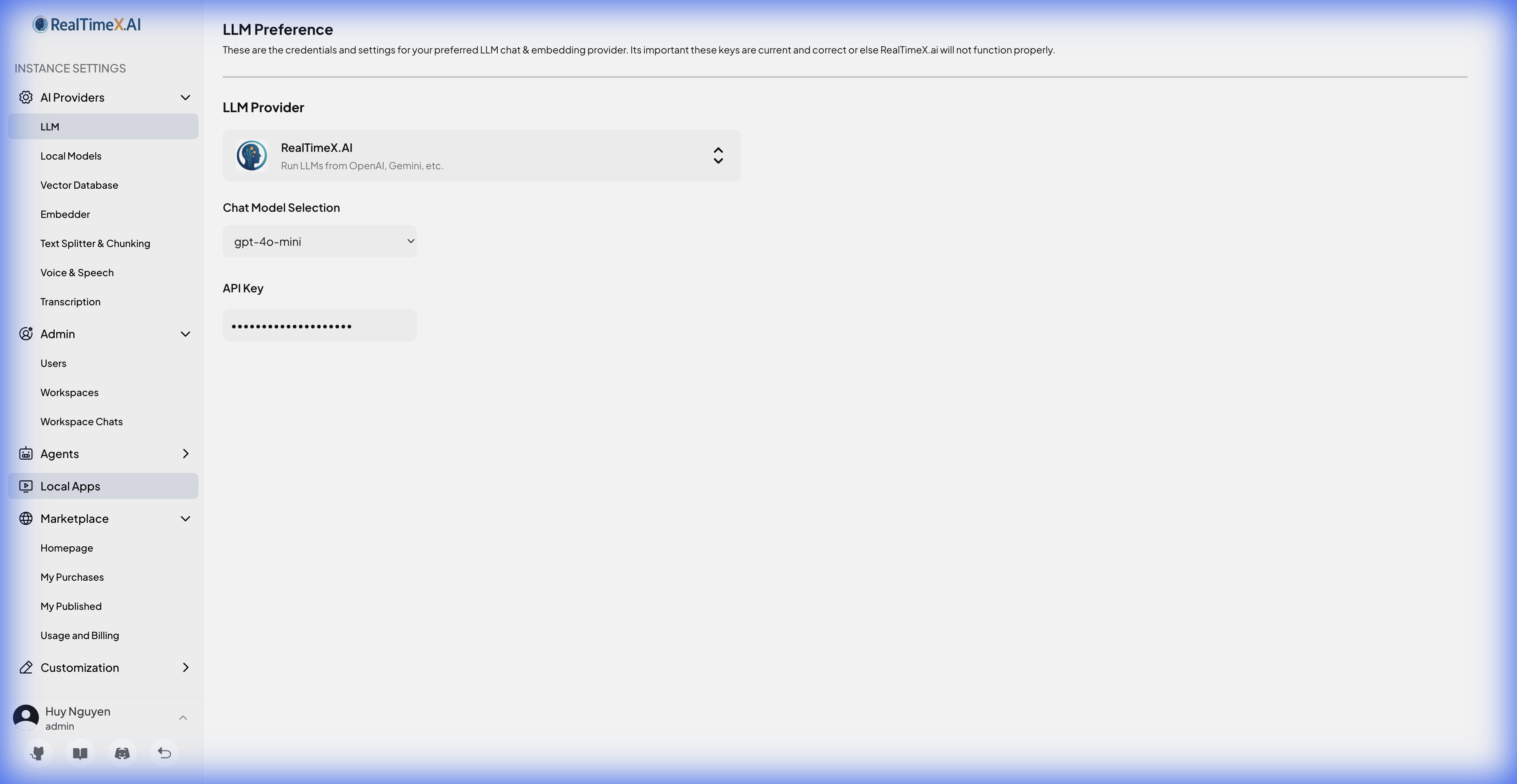 Settings page with Local Apps menu