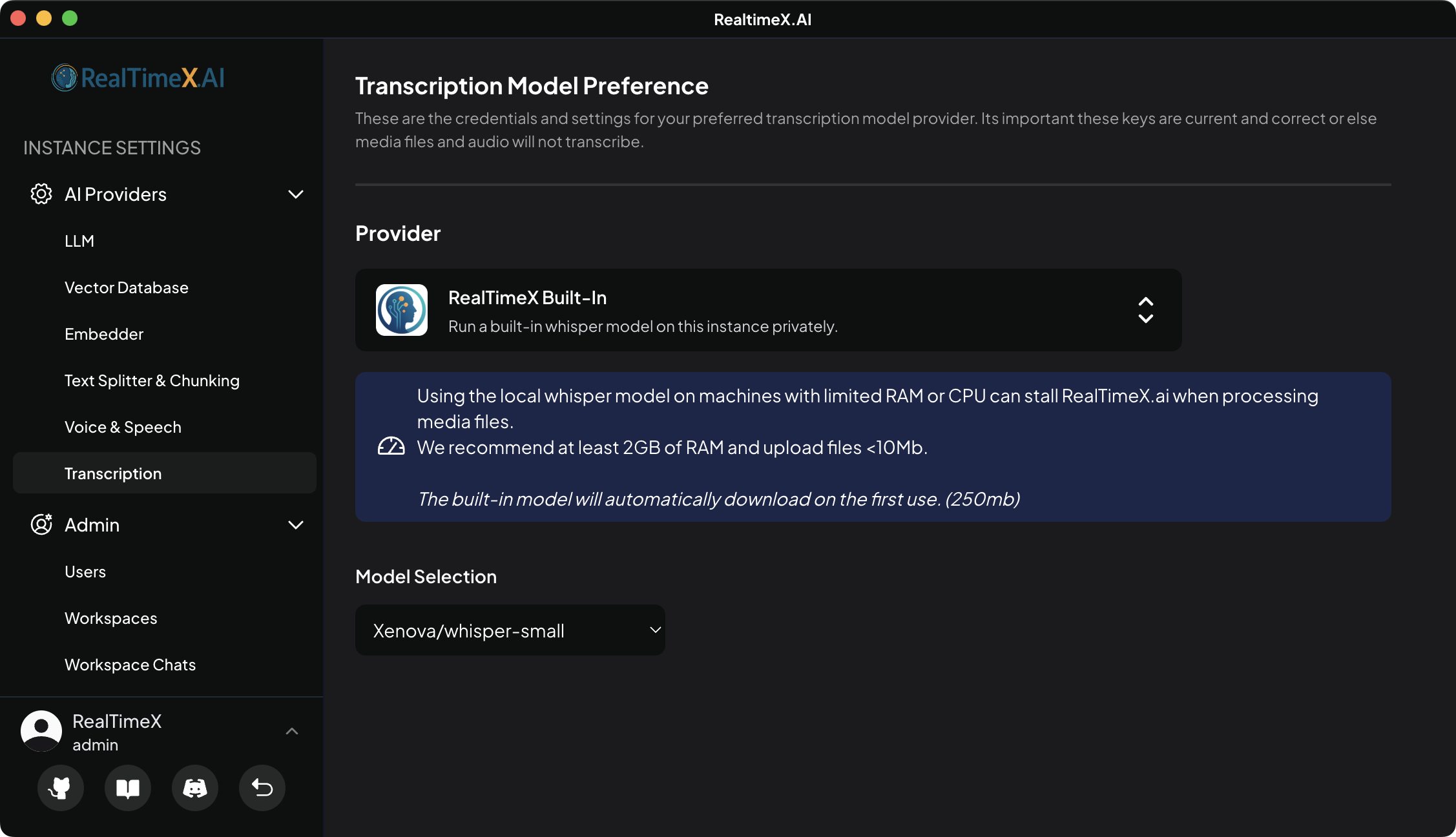 RealTimeX Default Transcription Model Settings